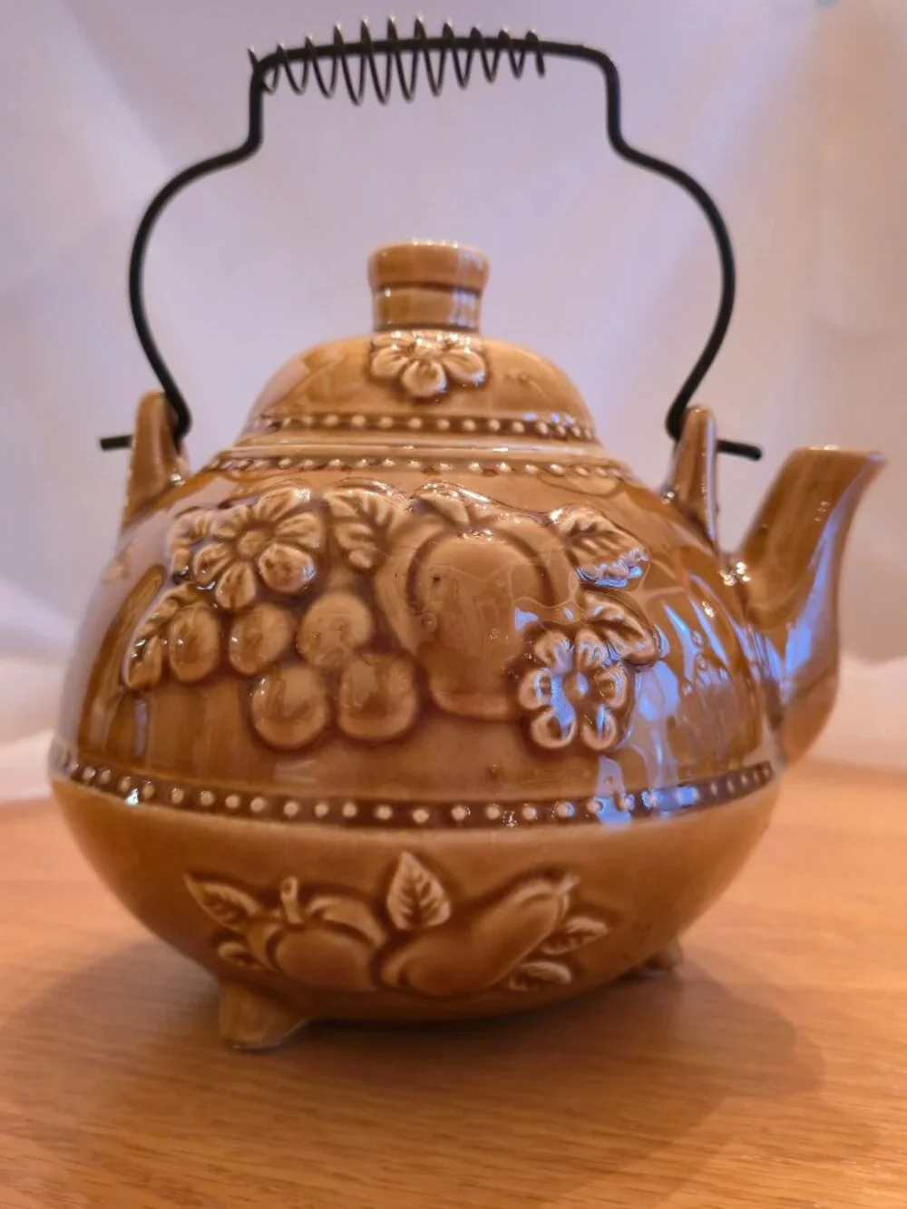Vintage Footed Teapot with Fall Harvest Fruit Theme, Mustard Color Made in Japan